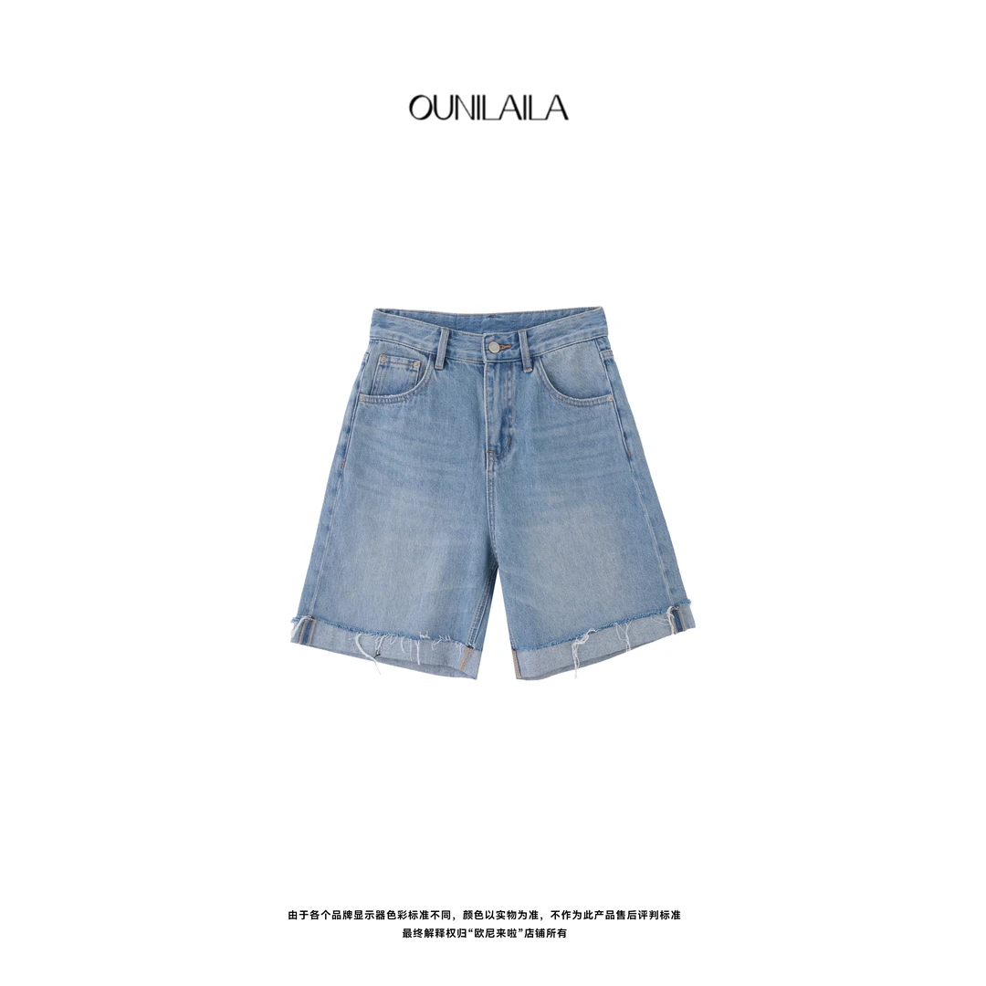 欧尼家【碎边短裤】2025新款复古高腰 / 水洗翻脚牛仔短裤五分裤