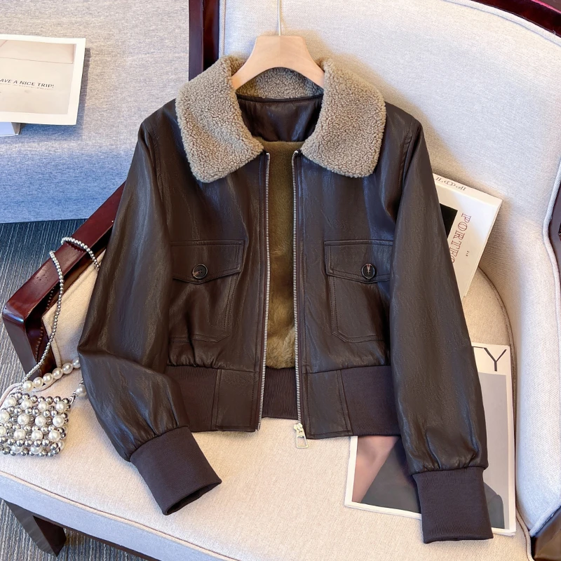 咖色加绒皮衣短外套女秋冬2025新款美式复古保暖加厚夹克棉服上衣