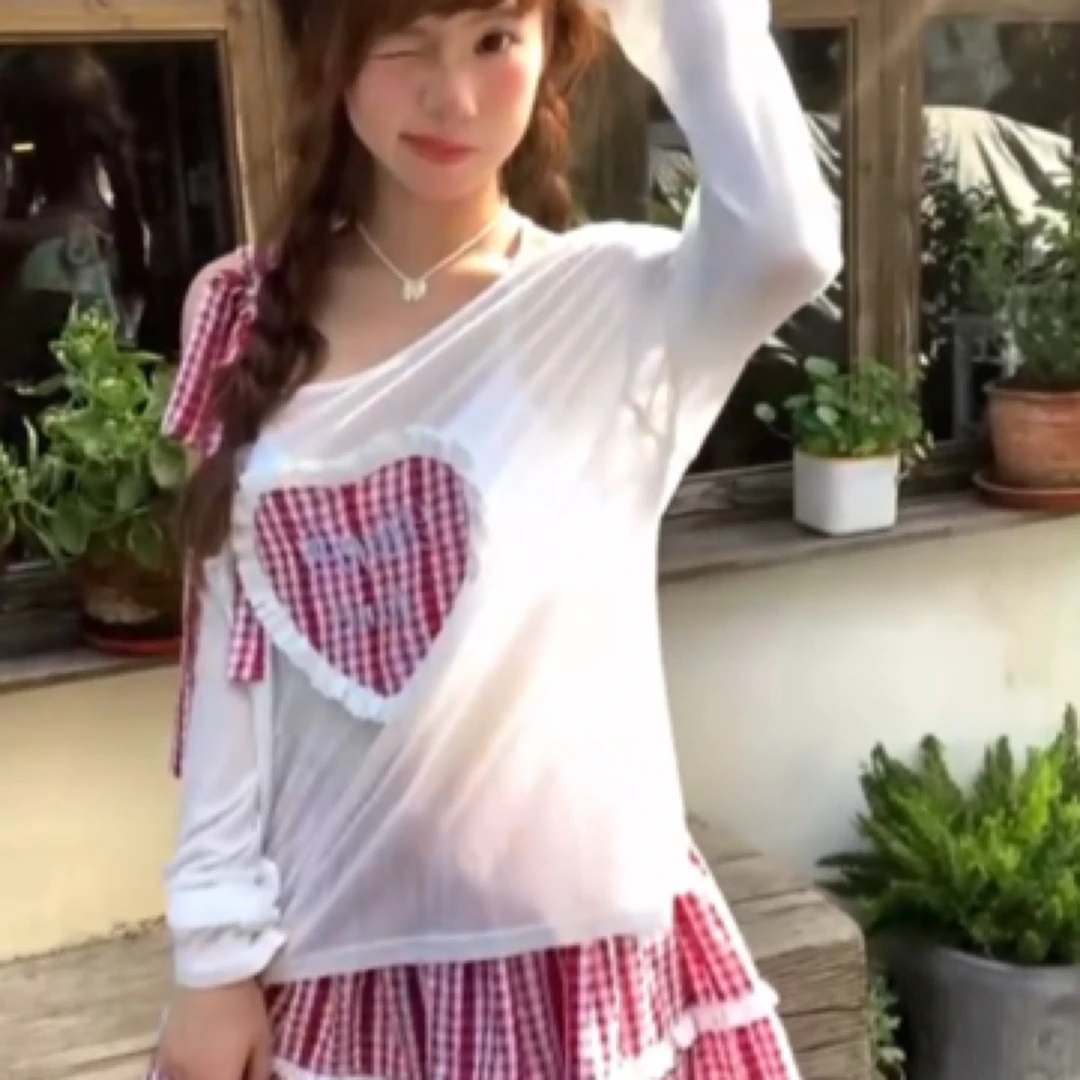 【安心推荐】春装搭配一整套白色薄款微透上衣红格子蛋糕裙半身裙