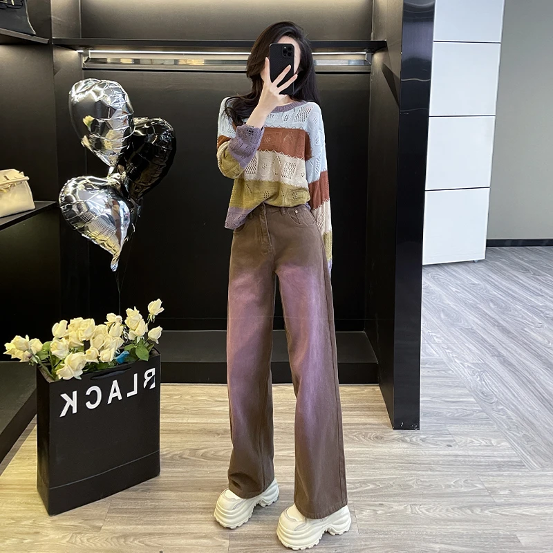 港风复古时尚休闲套装女春秋2025新款条纹镂空针织长袖衫牛仔裤潮