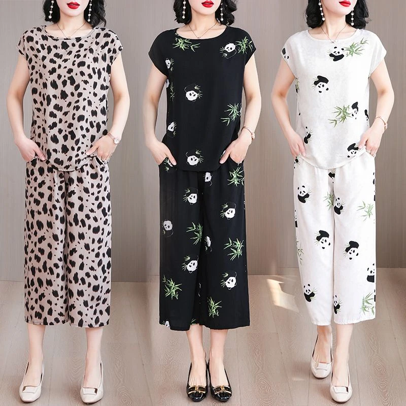 新款棉绸套装女夏季人造棉短袖七分裤宽松显瘦薄款居家外穿两件套