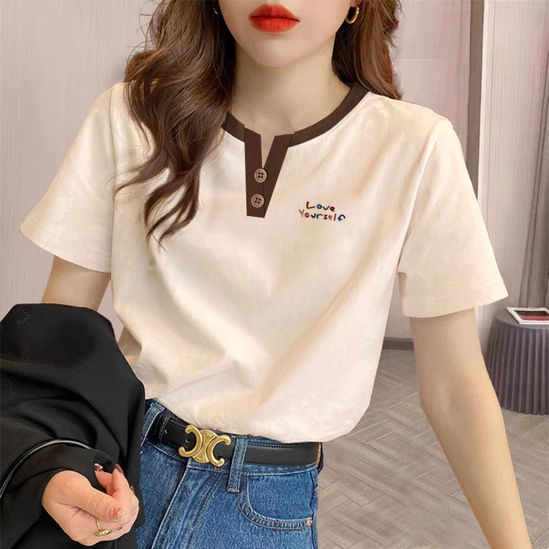 杏色2025年夏季新款印花潮流T恤百搭设计感纯色T恤V领时尚T恤