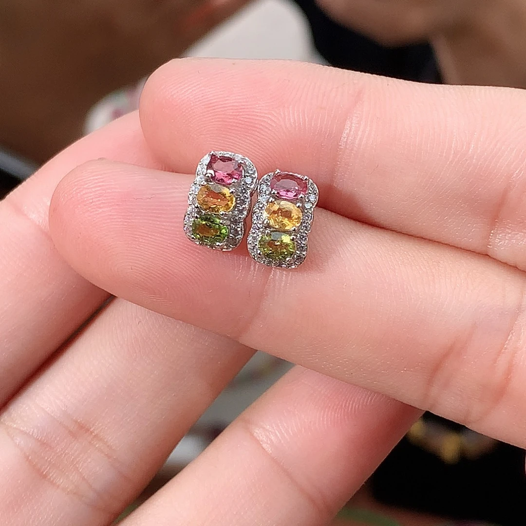 银S925镶嵌耳饰碧玺猫眼