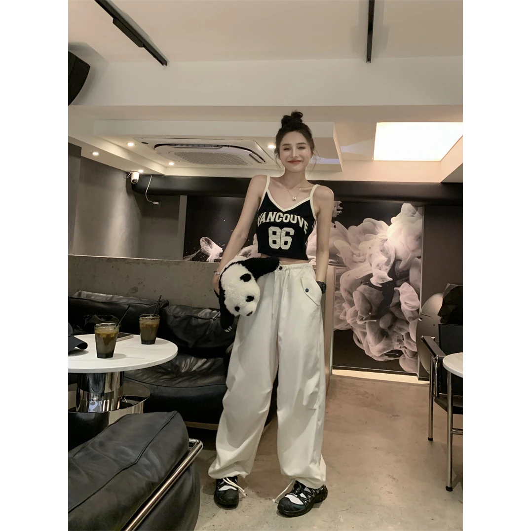 夏季数字印花辣妹吊带上衣女修身显瘦背心休闲舒适宽松阔腿裤套装