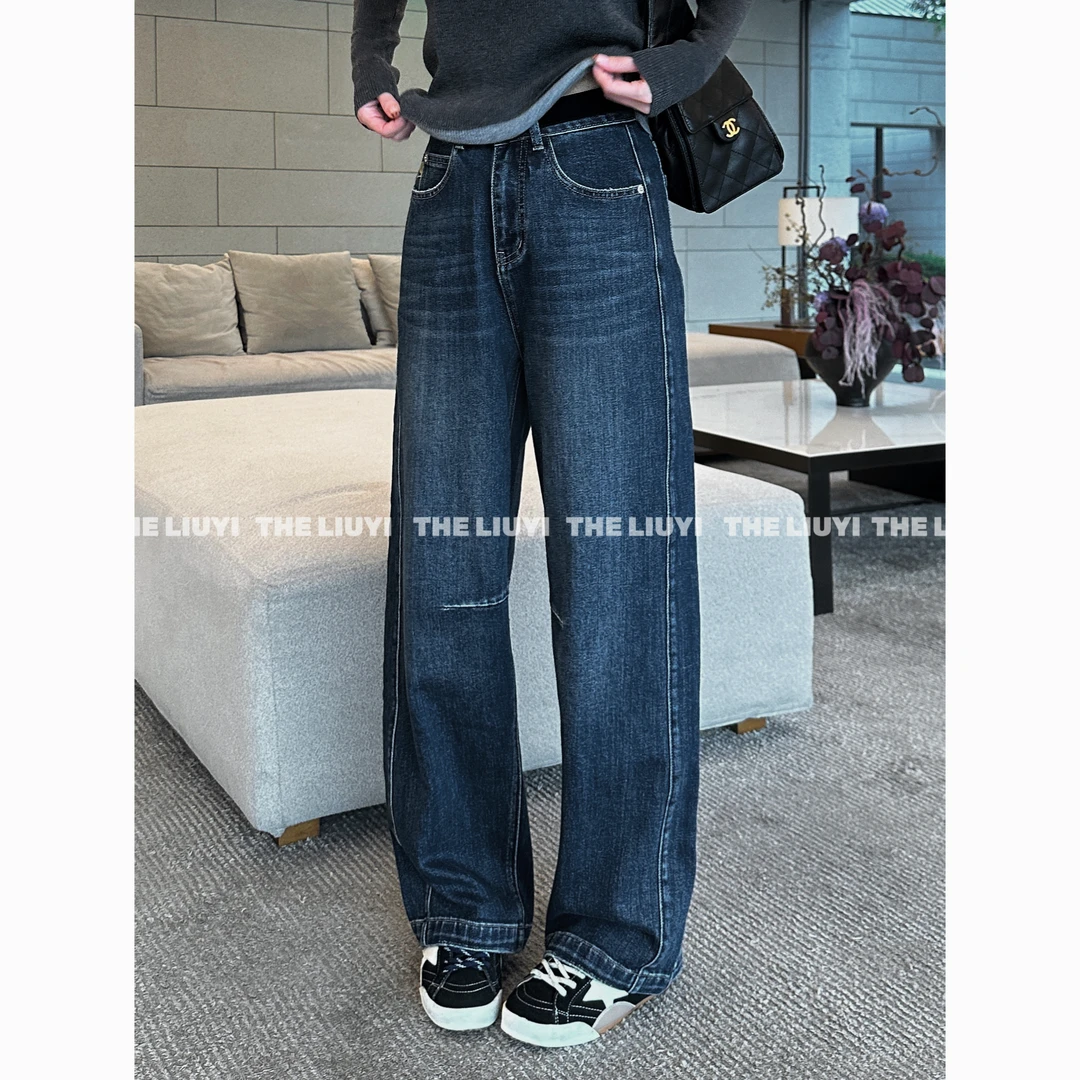 【LIUYI】歪歪裤~设计感立裁高腰弯刀牛仔裤59108