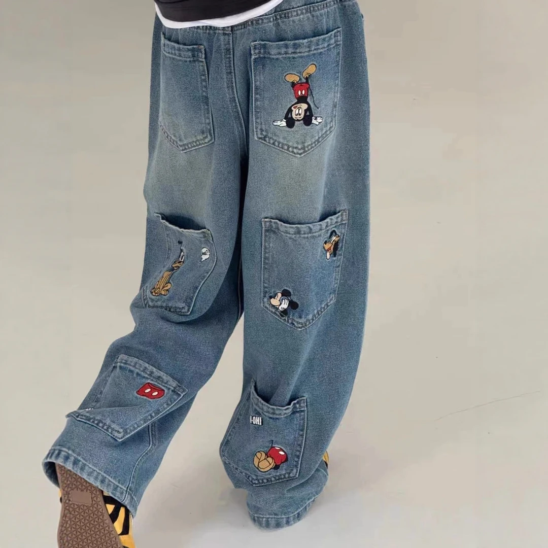女童秋季牛仔裤儿童洋气韩版宽松卡通米奇阔腿裤中大童秋装长裤子