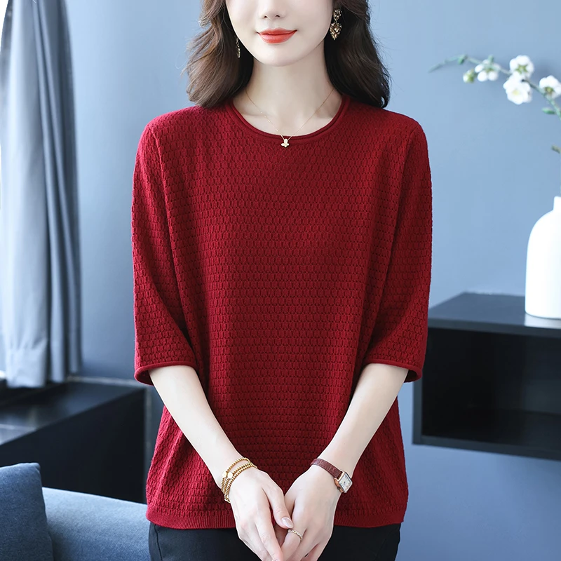 中年妈妈装早秋女士宽松加肥大码遮肚圆领上衣中袖显瘦羊毛针织衫