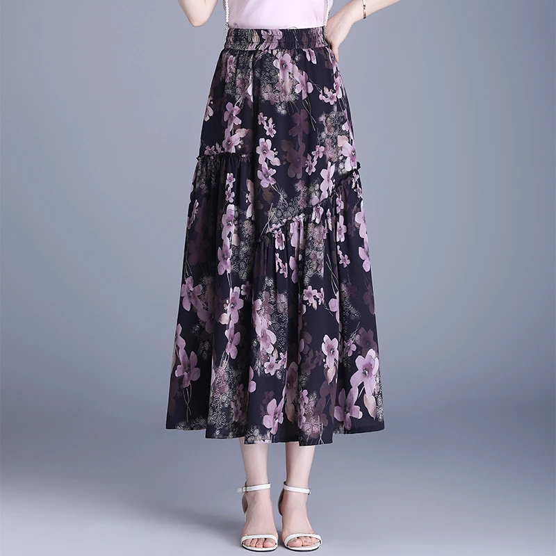 气质优雅雪纺半身裙女2025夏季新款高腰显瘦印花a字裙大摆长裙子