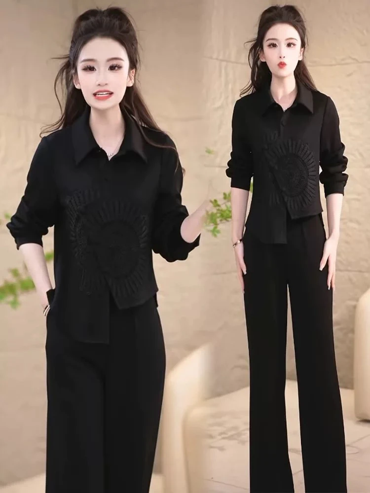 时尚套装女2025春秋新款洋气显瘦减龄不规则衬衫阔腿裤休闲两件套