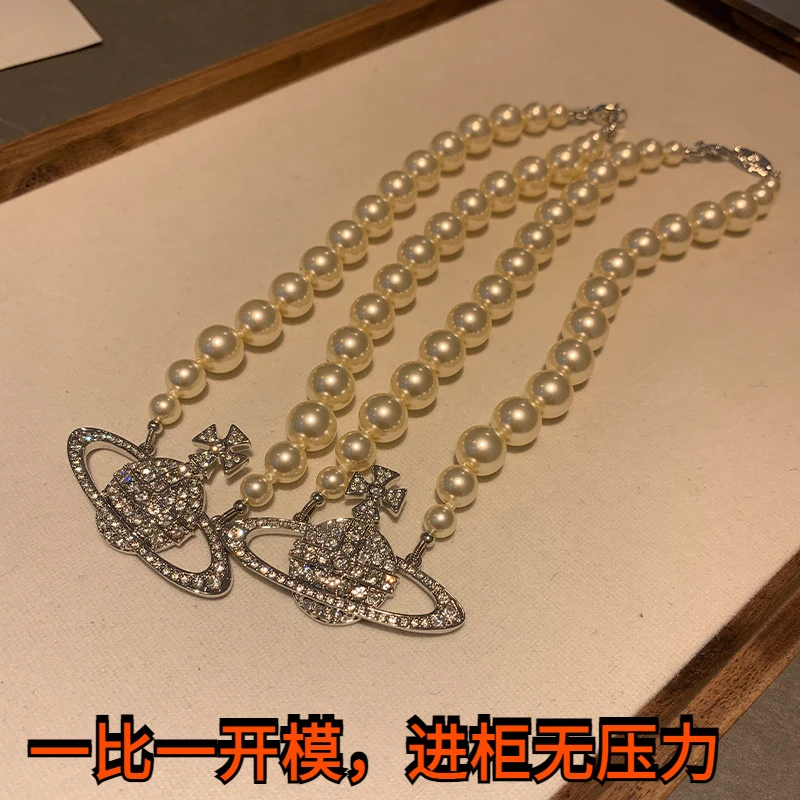 铜合金陶瓷项链 西太后大土星满钻珍珠项链中号时髦chocker百搭锁