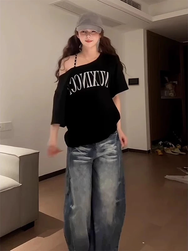 辣妹黑色斜肩t恤女夏季宽松百搭衣服短袖美式辣妹露肩上衣ins