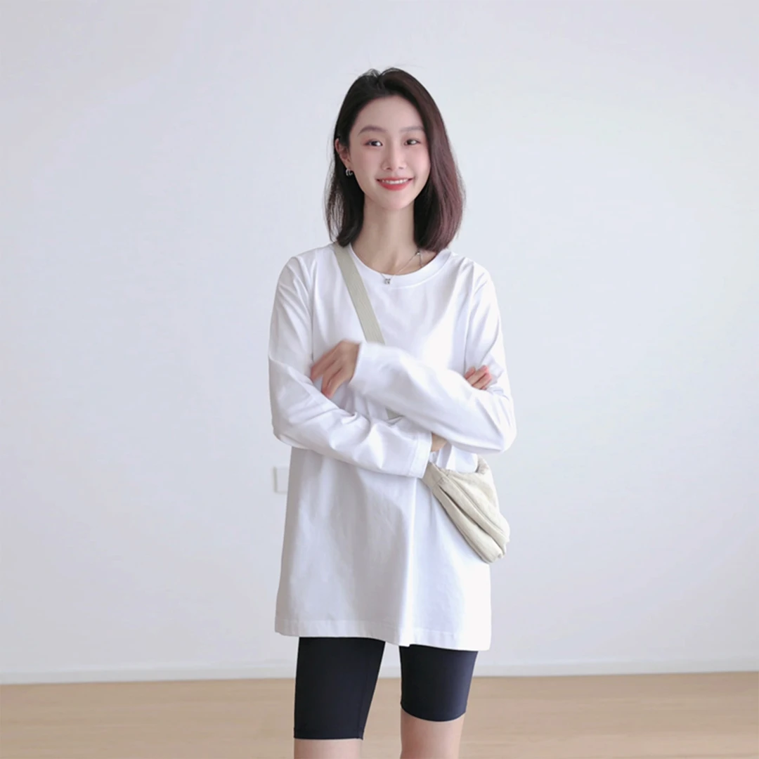 长款遮屁股t恤女长袖圆领棉质宽松休闲显瘦叠穿中长款打底衫上衣