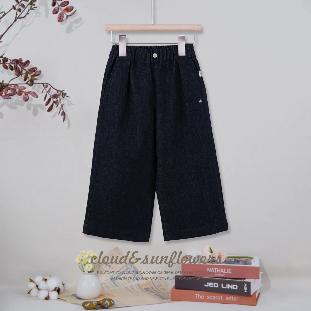 女童内折樱桃刺绣一粒扣直筒休闲牛仔裤28765