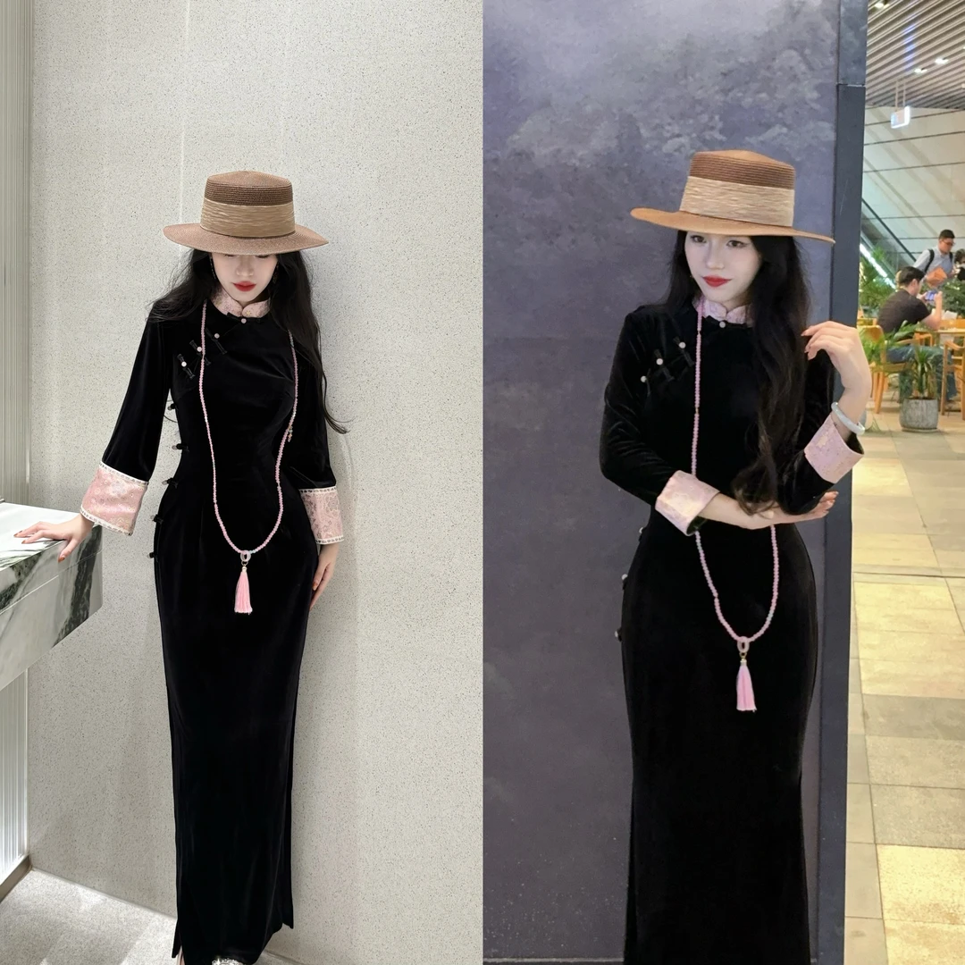 LHMknk1画报夫人原创自制秋冬贵气中式丝绒旗袍 蓬莱粉不退不换