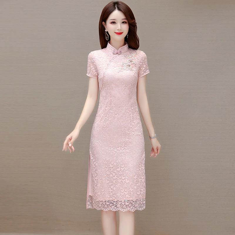高档中国风连衣裙显瘦裙子气质小个子时尚妈妈复古中长款修身粉色
