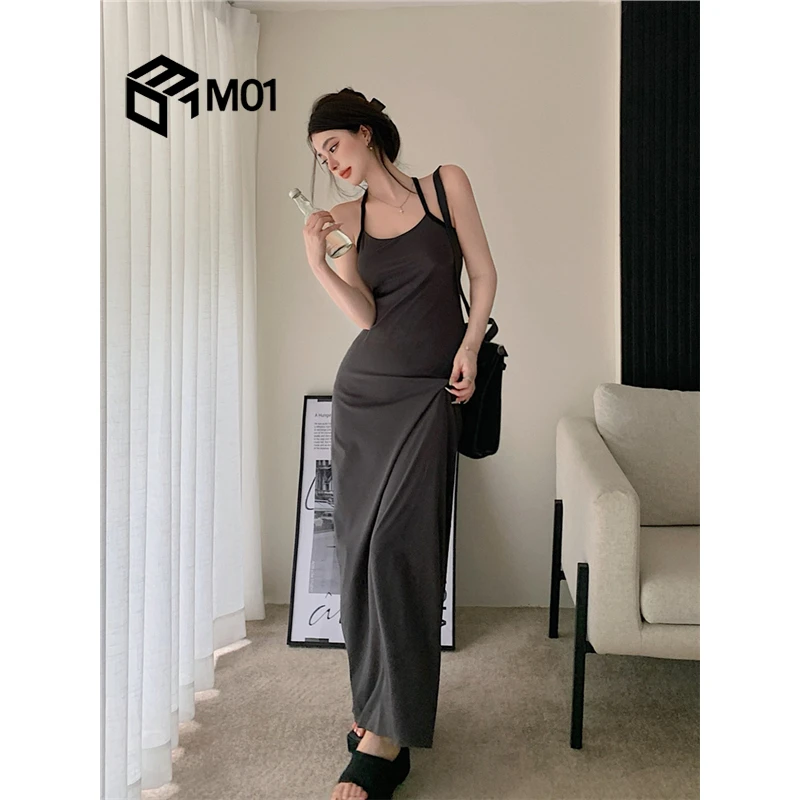 M01超长连衣裙到脚踝性感显瘦灰色吊带长裙子夏高个子女装175穿搭