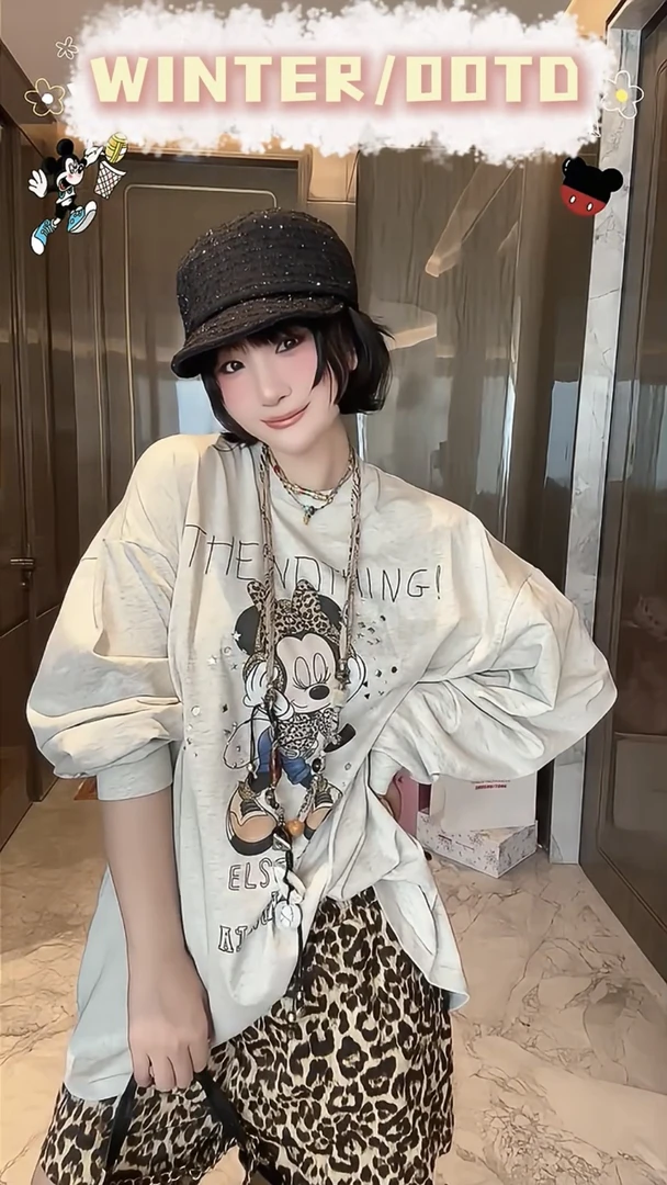 中长款豹纹米奇T恤女秋季新款2025宽松卡通上衣大码女装