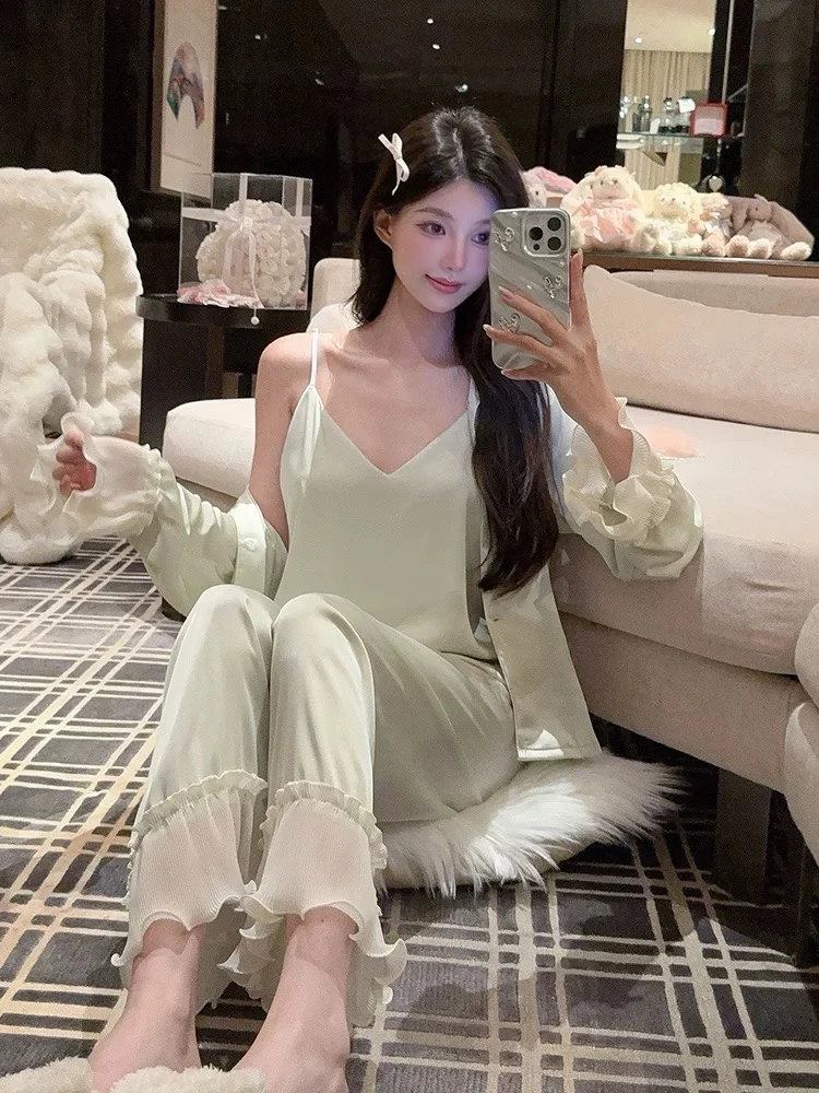 板栗小姐【薄荷奶绿】新款法式薄款春夏气质高级花边女士睡衣家居服