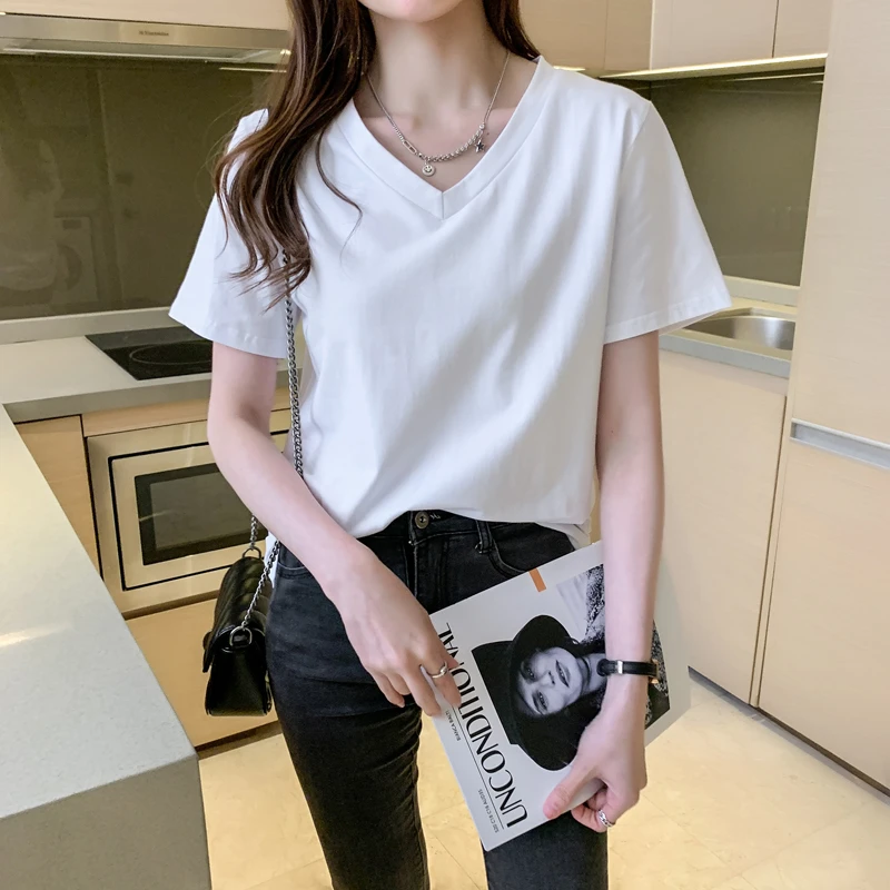 2025春夏季棉质短袖女新款V领白色t恤女上衣叠穿打底衫超火ins潮