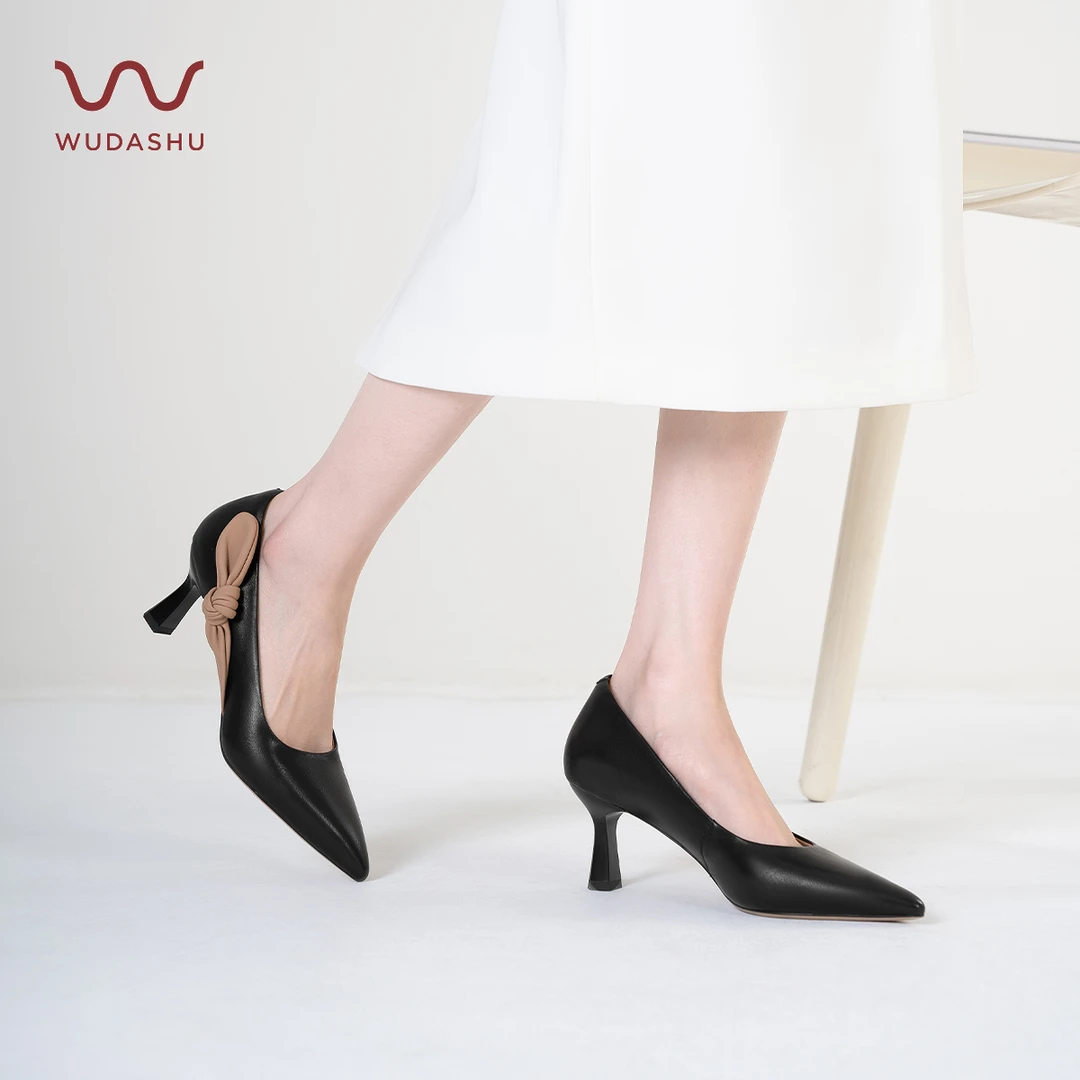 吴大叔春季新款单鞋舒适细跟尖头浅口高跟鞋性感法式防滑白色单鞋