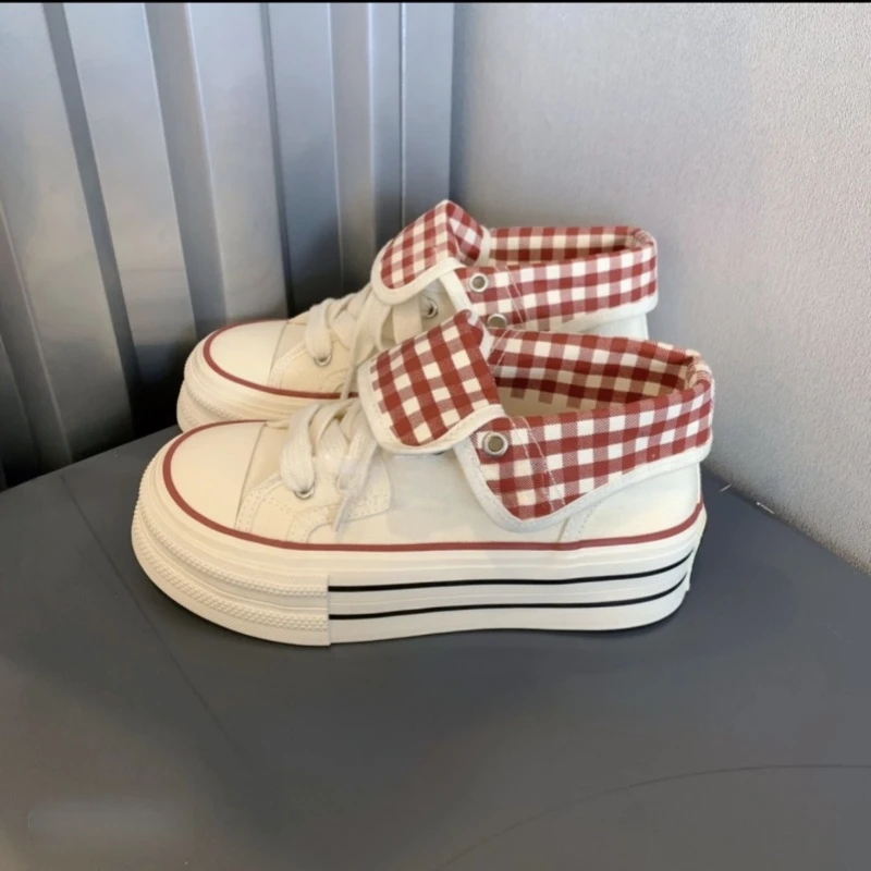 爆款2025秋季帆布鞋两穿格纹高帮复古厚底百搭校园ins小众休闲鞋