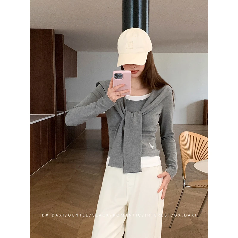 代大喜【柔软随行】披肩休闲宽松打底衫25春季新款撞色两穿长袖T恤