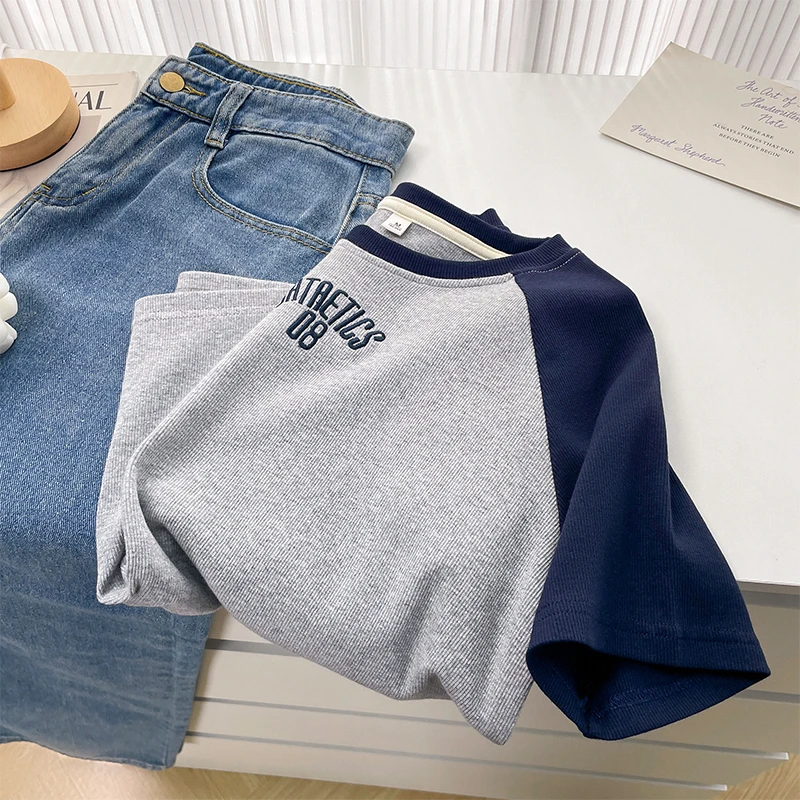 美式复古插肩短袖T恤衫夏季修身显瘦时尚女装字母刺绣短款上衣服