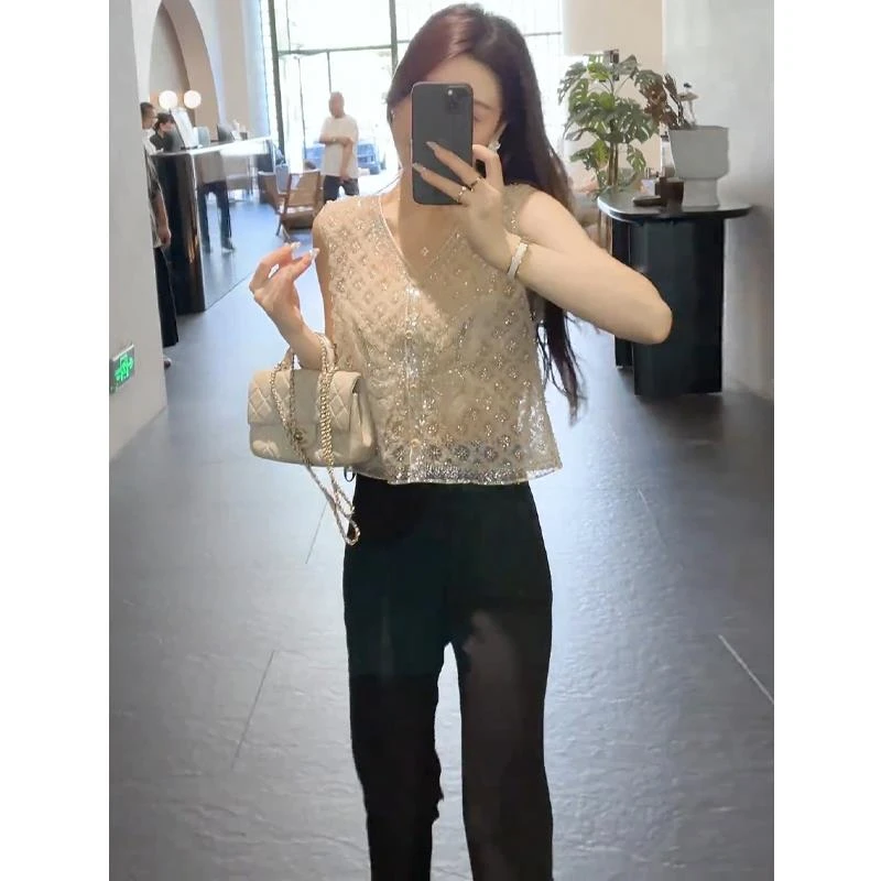 VOCKOO官方夏装穿搭一整套女2025新款网纱无袖显瘦马甲上衣高腰微