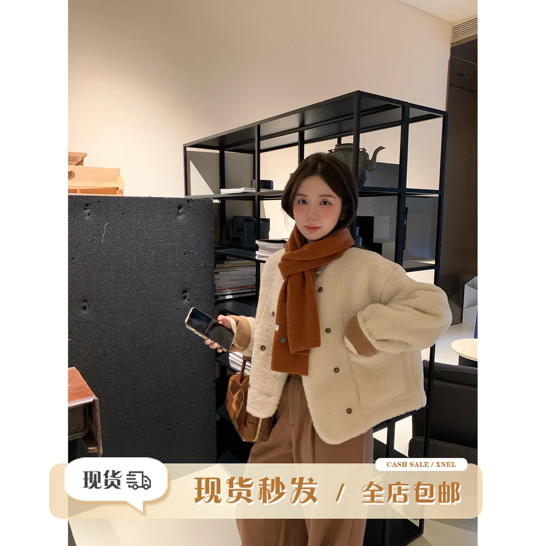【现货】陳文文【摩卡枫杏】仿羊羔绒小香外套女麂皮含包外套3MP505