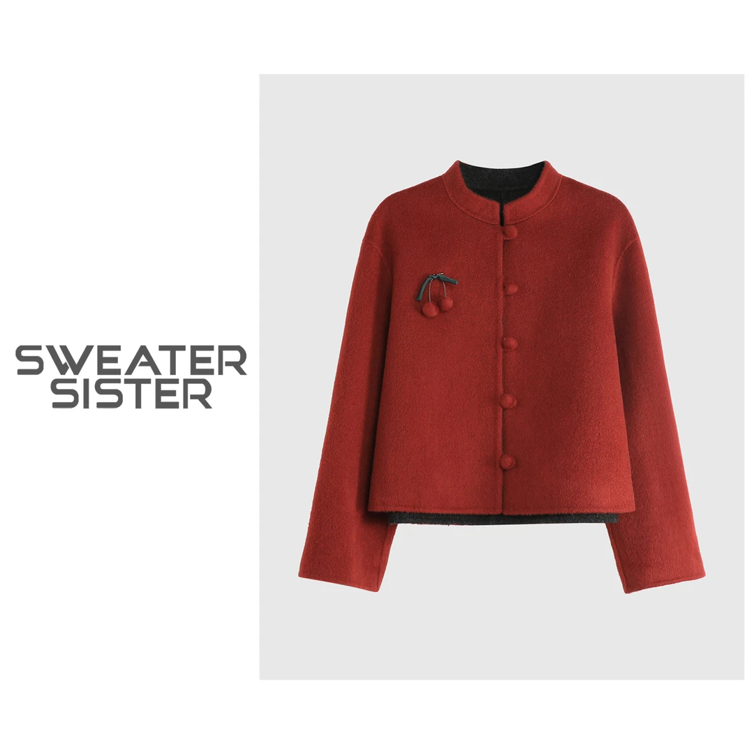 新中式国风立领毛呢外套秋冬撞色羊毛外套女5180-5322