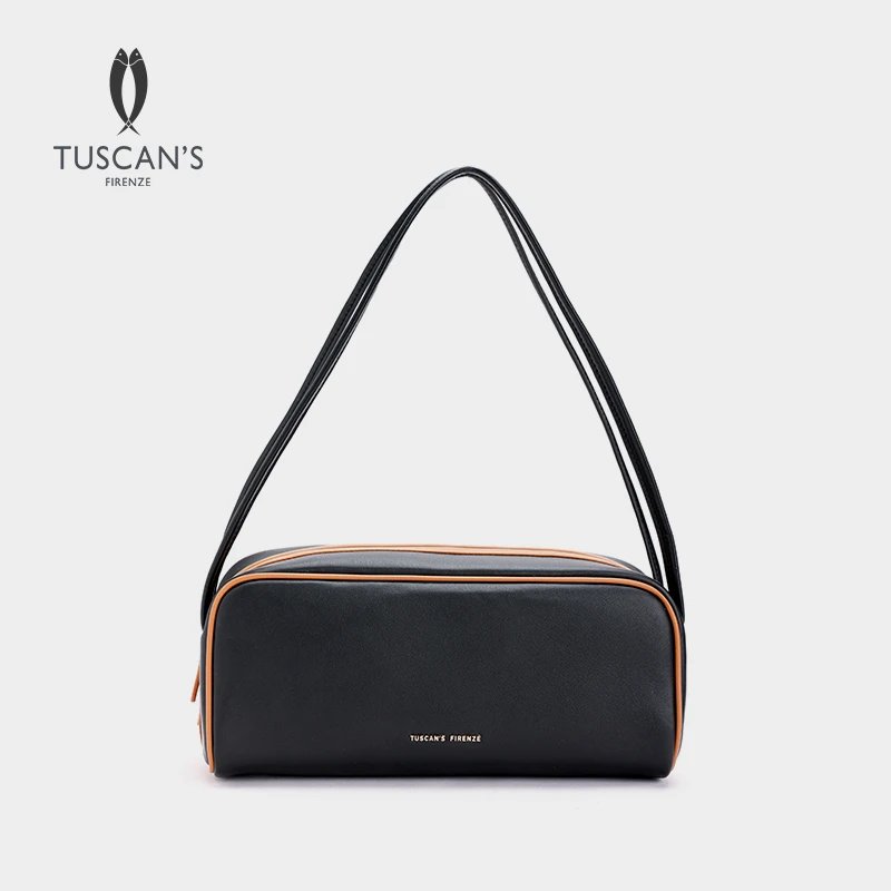 TUSCAN'S25年春夏秀款时尚百搭撞色保龄球真皮女士单肩包手拎包