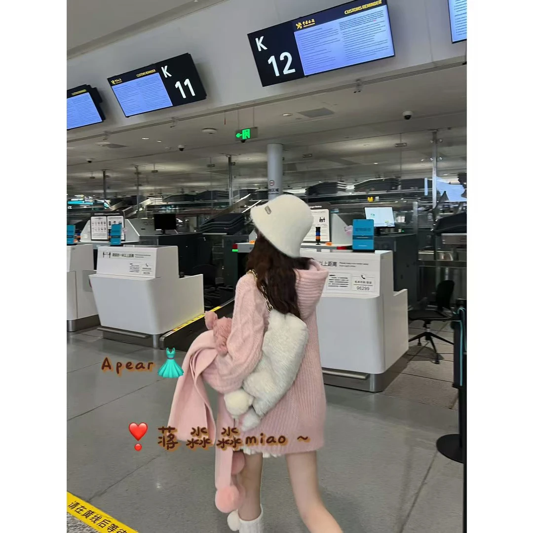 Apear♥白桃酸乳~韩版显瘦慵懒复古麻花设计粗线花绞连帽毛衣