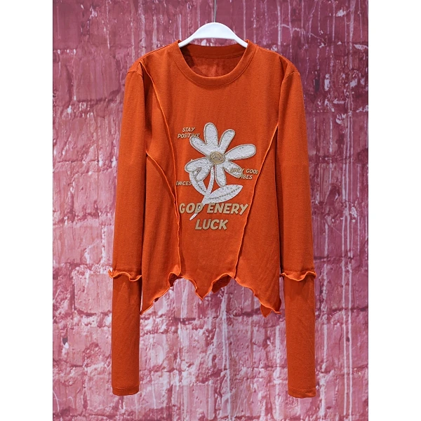 【韩哥女装】2025小众设计师砖红色立体印花不规则下摆皮肤衣8836