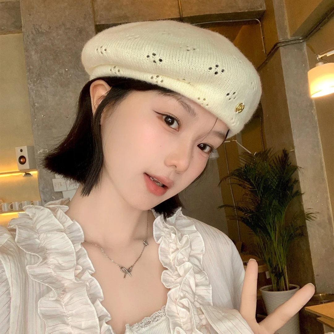 日系纯色镂空针织贝雷帽女夏季薄款透气文艺画家帽显脸小蓓蕾帽子