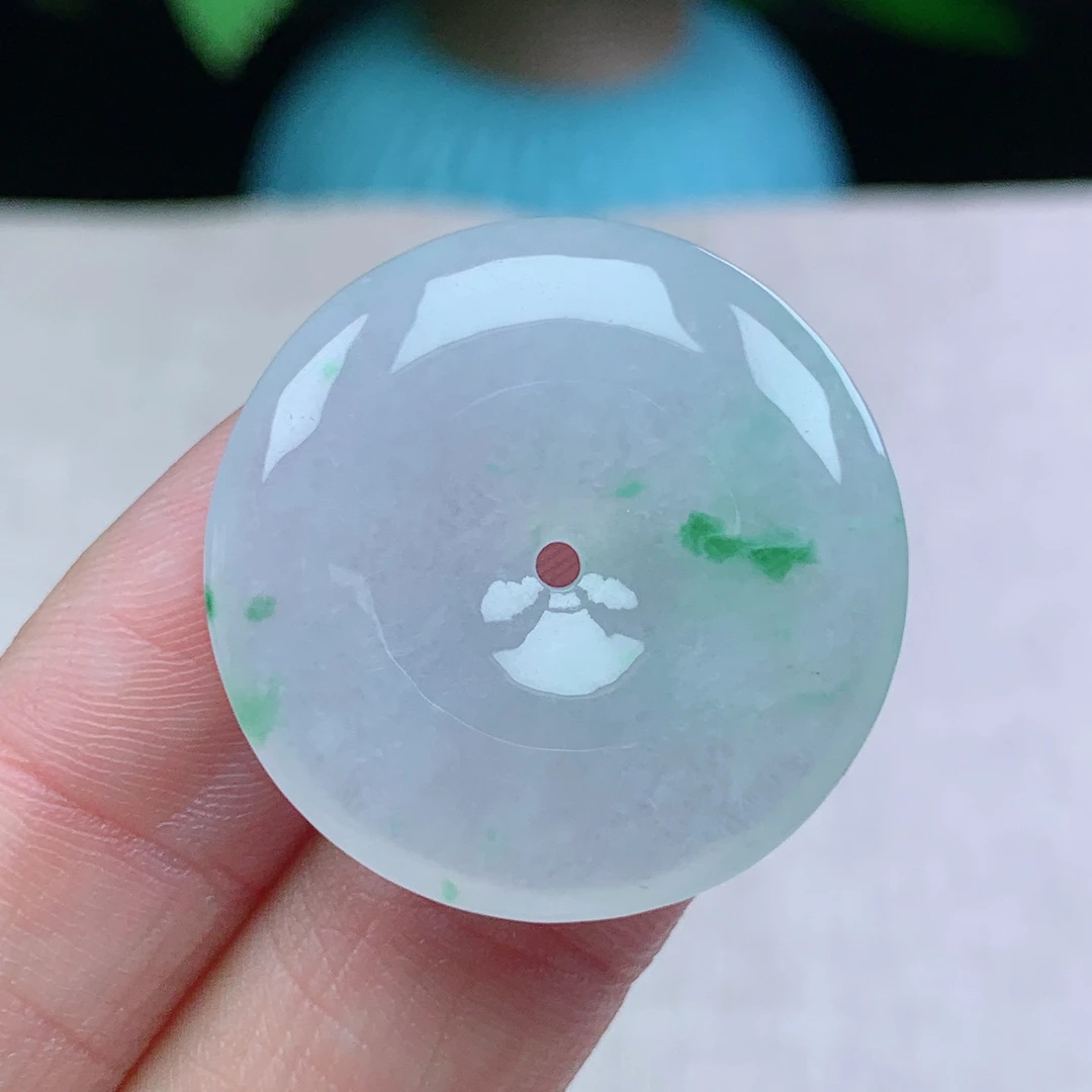 缅甸天然翡翠A货28.5-5.8玉石冰种飘阳绿平安扣吊坠礼物白底青