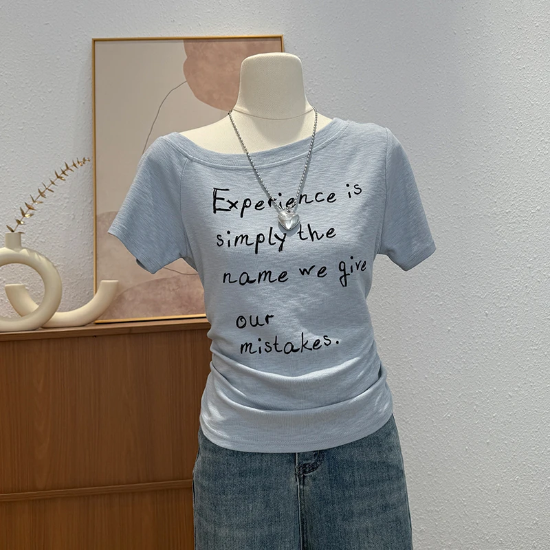 韩版纯欲辣妹露肩短袖t恤女2025新款夏季宽松设计感显瘦斜肩上衣