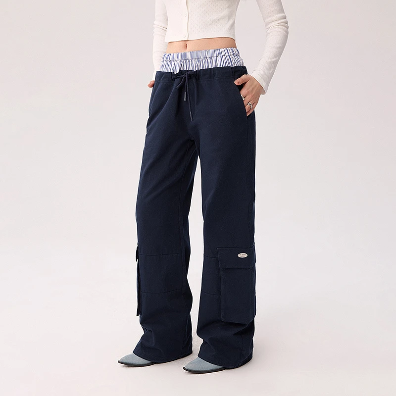 【龙韵竹同款】CHUU夏季女装条纹拼接设计松紧腰工装风百搭休闲裤