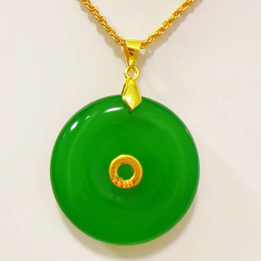 黄金真金镶嵌绿玉石平安扣男女同款赠礼送人佩戴礼盒证书平安扣绿