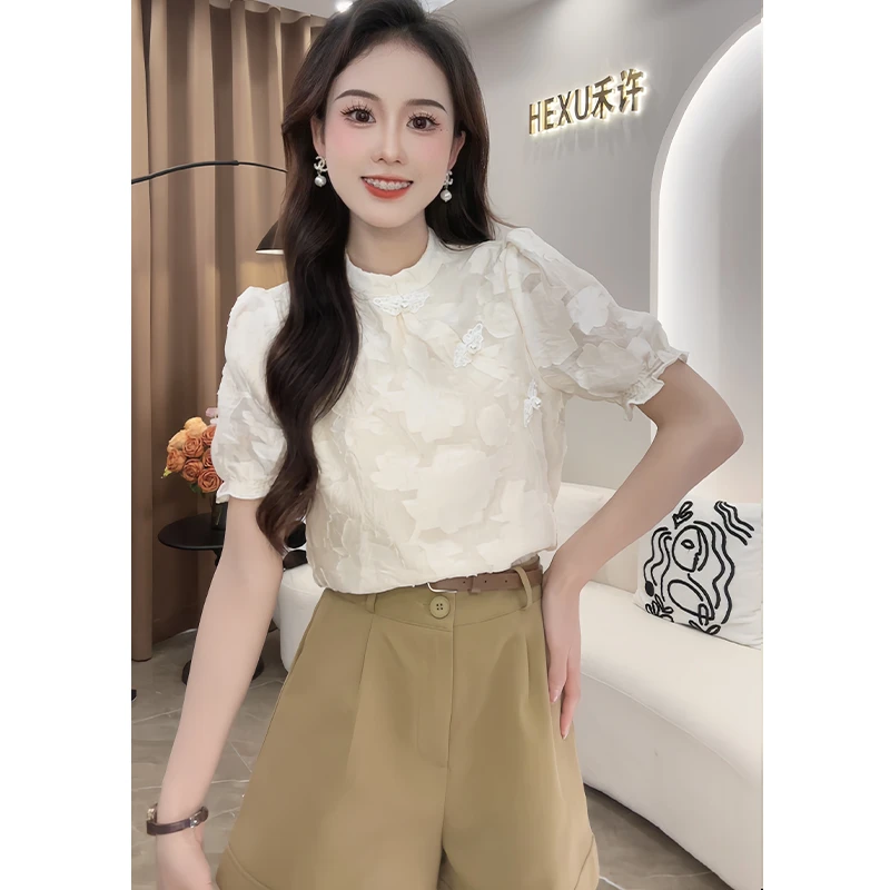新中式复古重工提花设计感立领衬衫女2024夏季新款中国风气质上衣