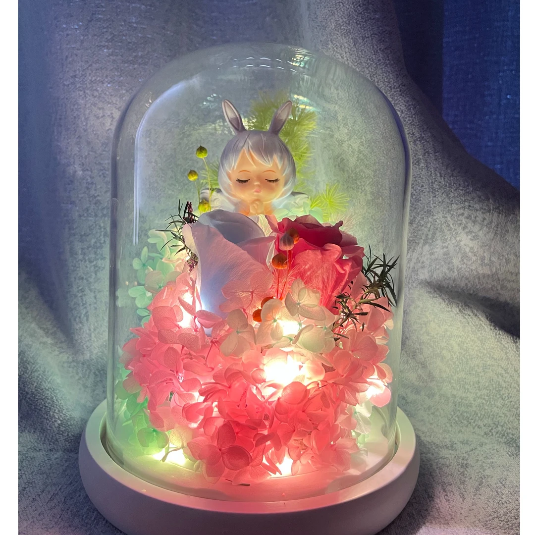 真花干花玻璃罩摆件永生花带七彩灯DIY材料手工情人节生日礼物