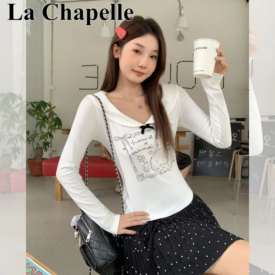 拉夏贝尔尔甜美娃娃领蝴蝶结学院风长袖T恤女2025秋季修身小上衣