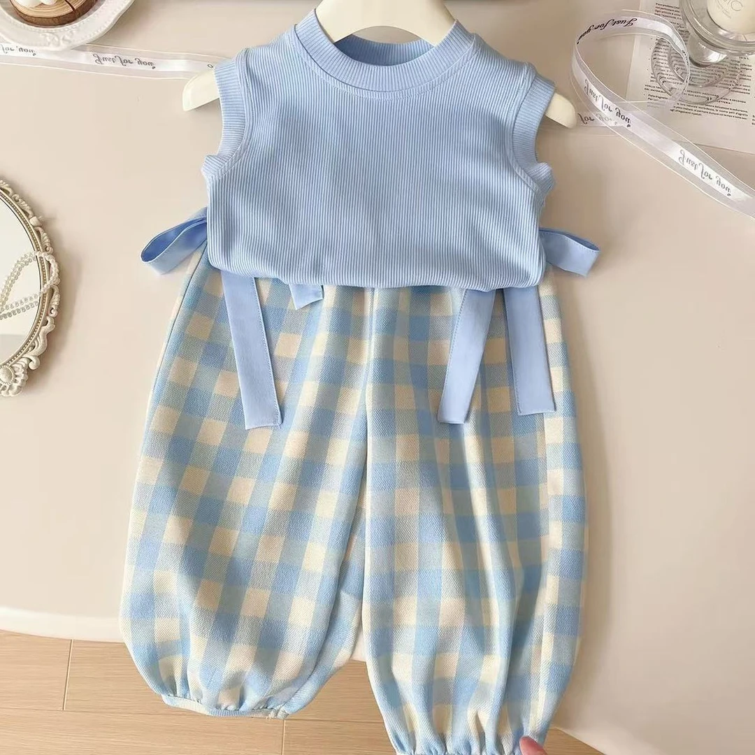 女童格子裤夏季背心格子裤套装两件套e2 3672
