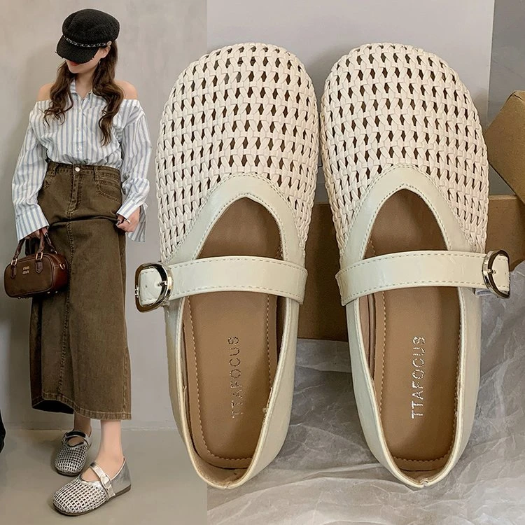 镂空单鞋春夏季2025年新款爆款透气网鞋百搭一字扣子凉鞋女鞋子