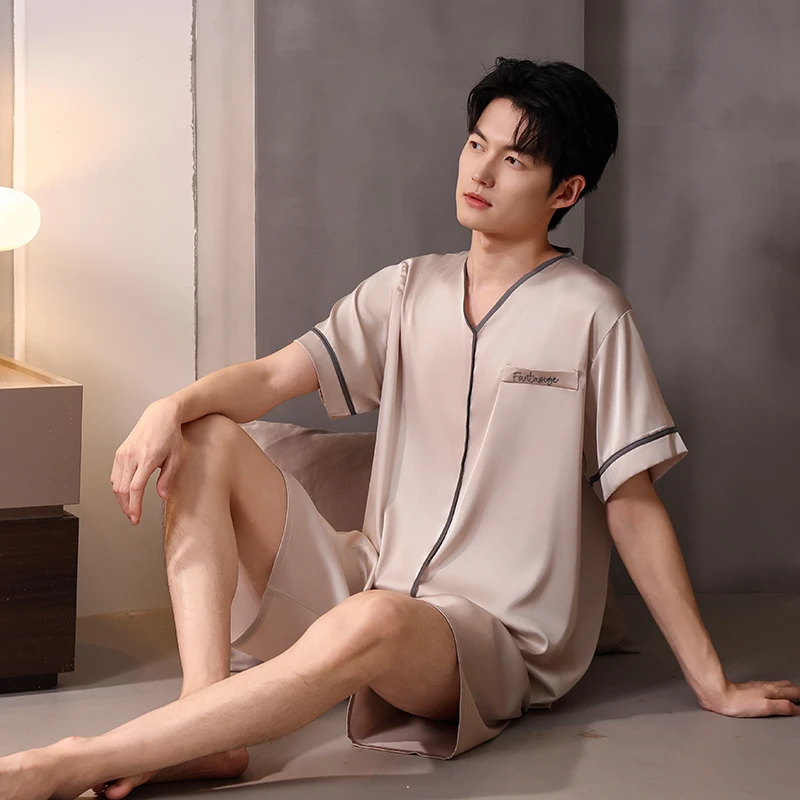 熙泊品2025年夏季新款冰丝薄款休闲睡衣家居服男短袖短裤两件