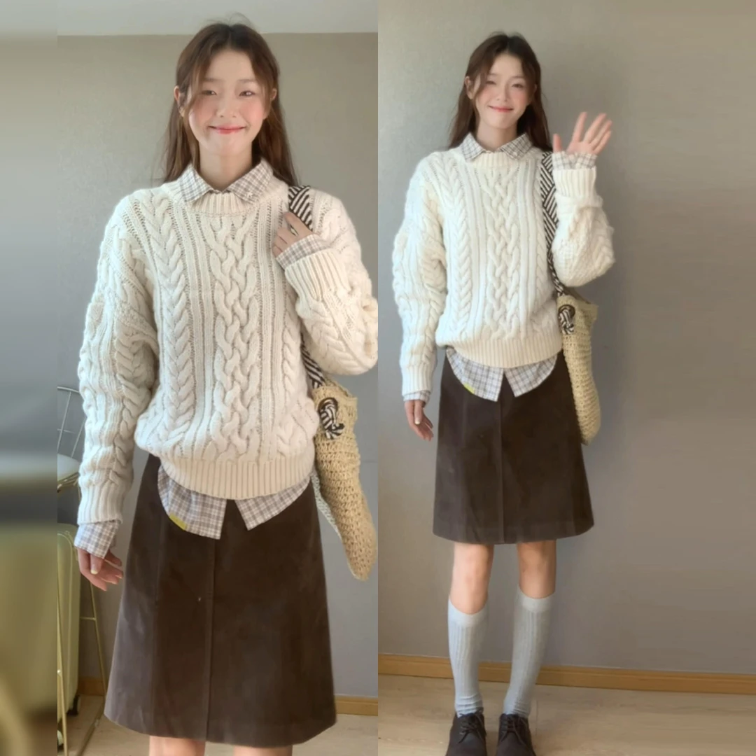 韩系慵懒风麻花白色毛衣女秋冬季2026新款加厚内搭外穿针织衫上衣