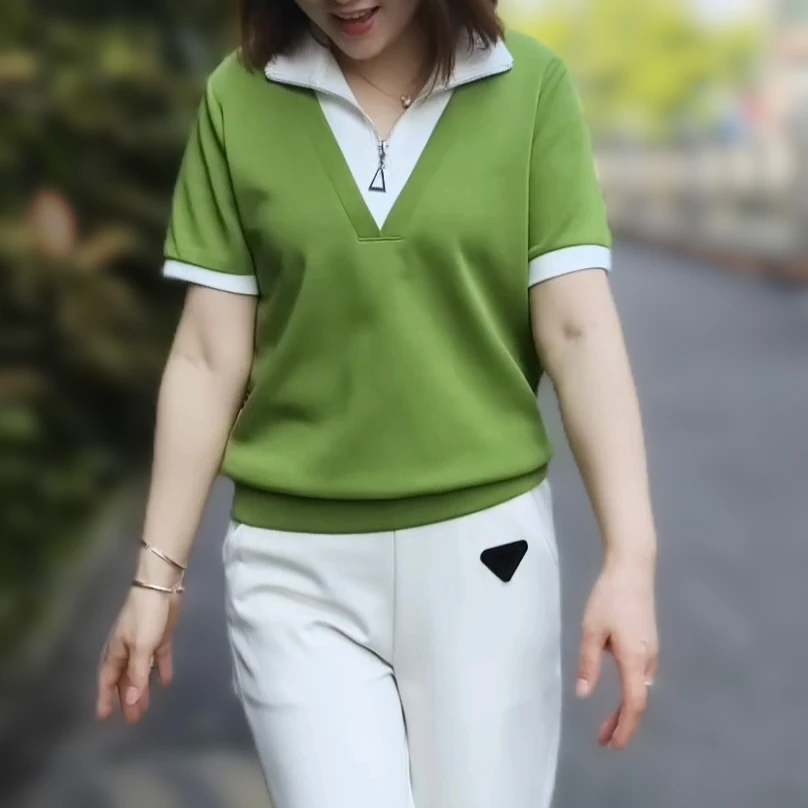 085减龄宽松翻领立领休闲短袖拉链显瘦T恤新潮风洋气吸汗女士夏季