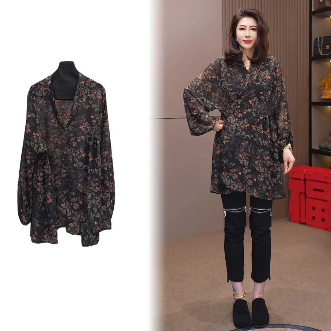 66055#《榜衣》韩版早春新款时尚薄款碎花系带设计感宽松休闲雪纺衫