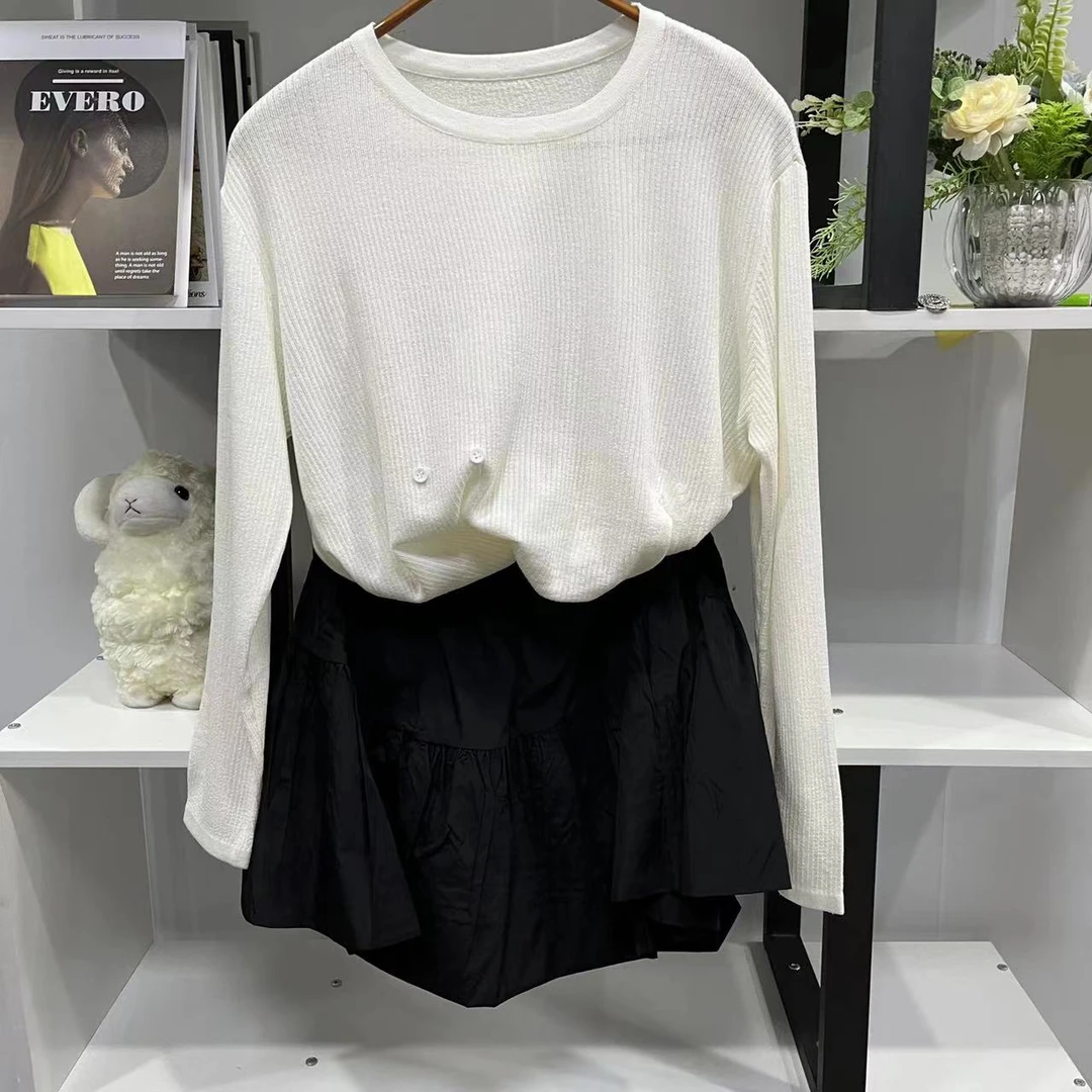 LZ5054【春季新款】时尚白色条纹下开叉百搭套装