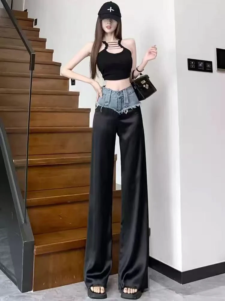 猫猫定制--[T50L]辣妹时髦精毛边牛仔拼接高腰肌理垂感休闲长裤潮