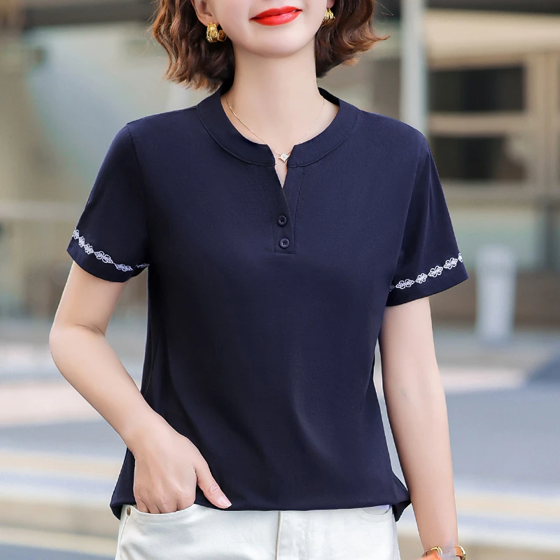 【新中式刺绣民族风】90支精梳棉短袖女士洋气休闲t恤夏季新款上衣